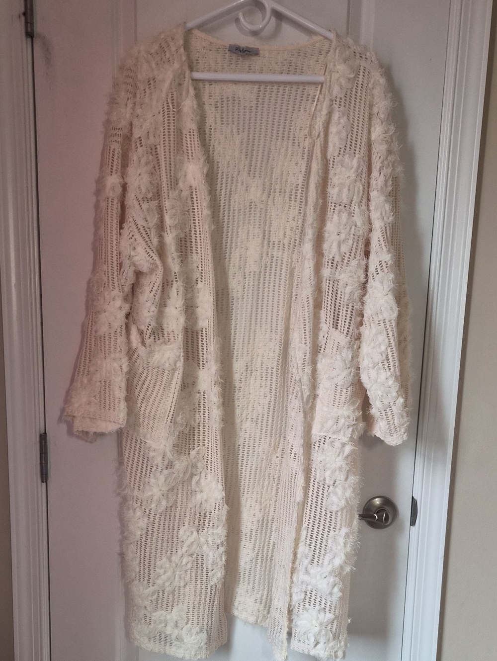 Women's Cream Open-Knit Floral Trim Cardigan